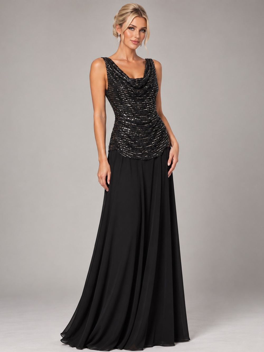 R&M Richards Black Sequin Drape Neck Maxi Dress